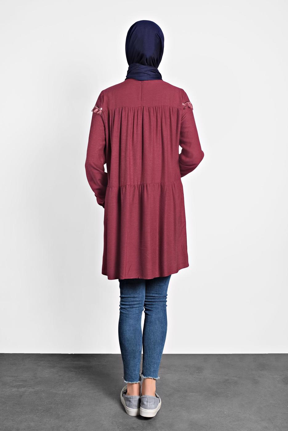Tesettür giyim KIRMIZI ALVİNA PÜSKÜLLÜ TUNİK T 40116