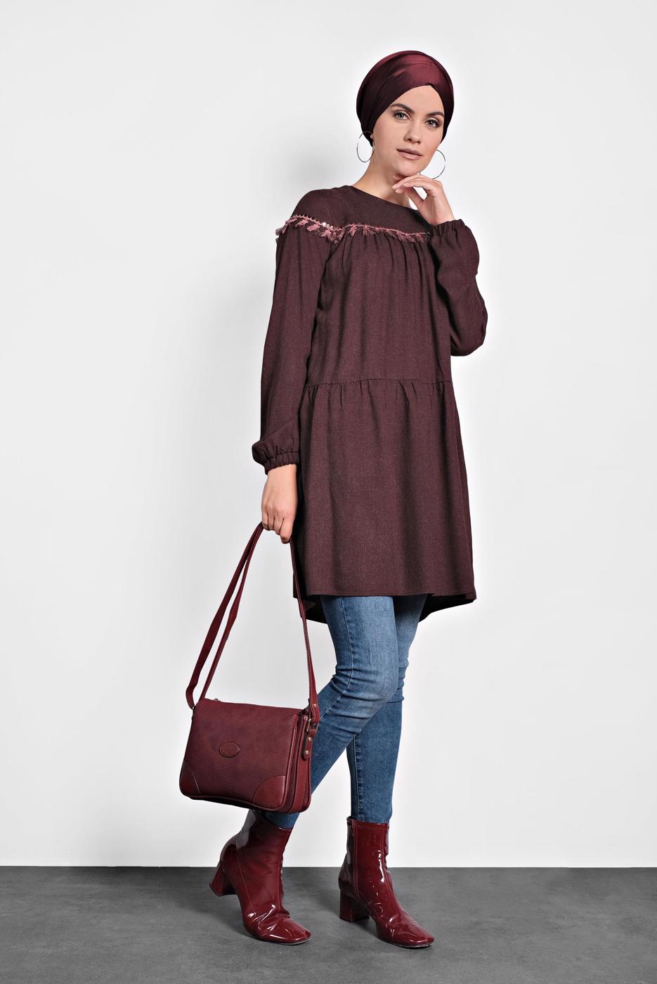 Tesettür giyim BORDO ALVİNA PÜSKÜLLÜ TUNİK T 40116