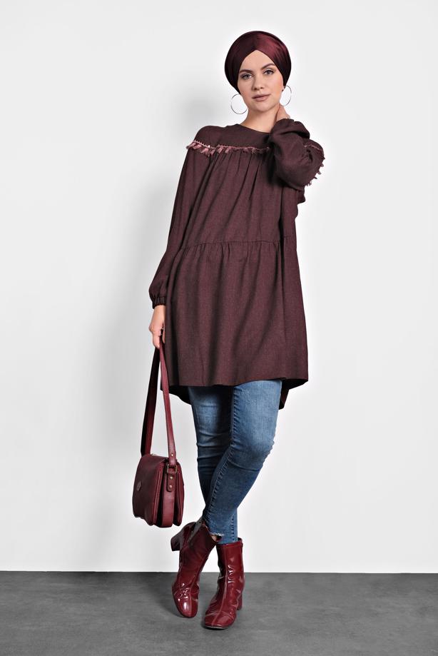 Hijab clothing CLARET RED ALVINA FRINGE DETAILED TUNIC T 40116 - TRENDTESETTÜR
