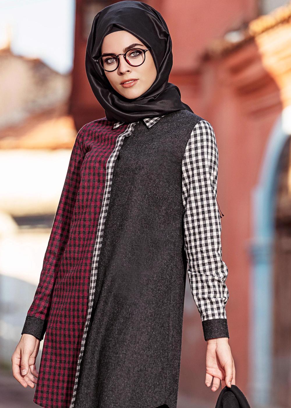 Tesettür giyim SİYAH KARE DESENLİ PAMUKLU TUNİK 4591