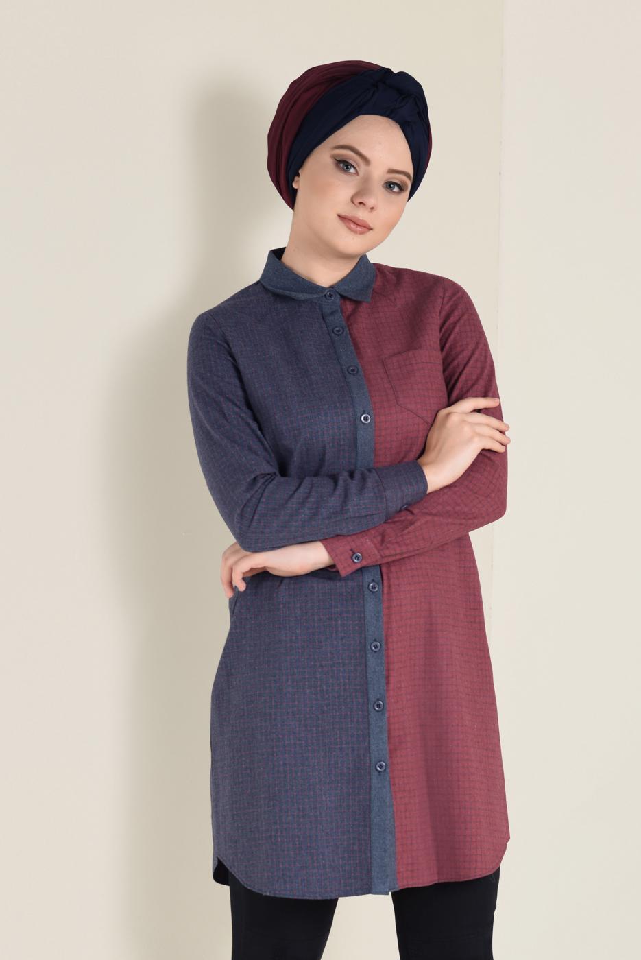 Tesettür giyim LACİVERT DÜĞMELİ KARE DESEN DETAYLI TUNİK 4623