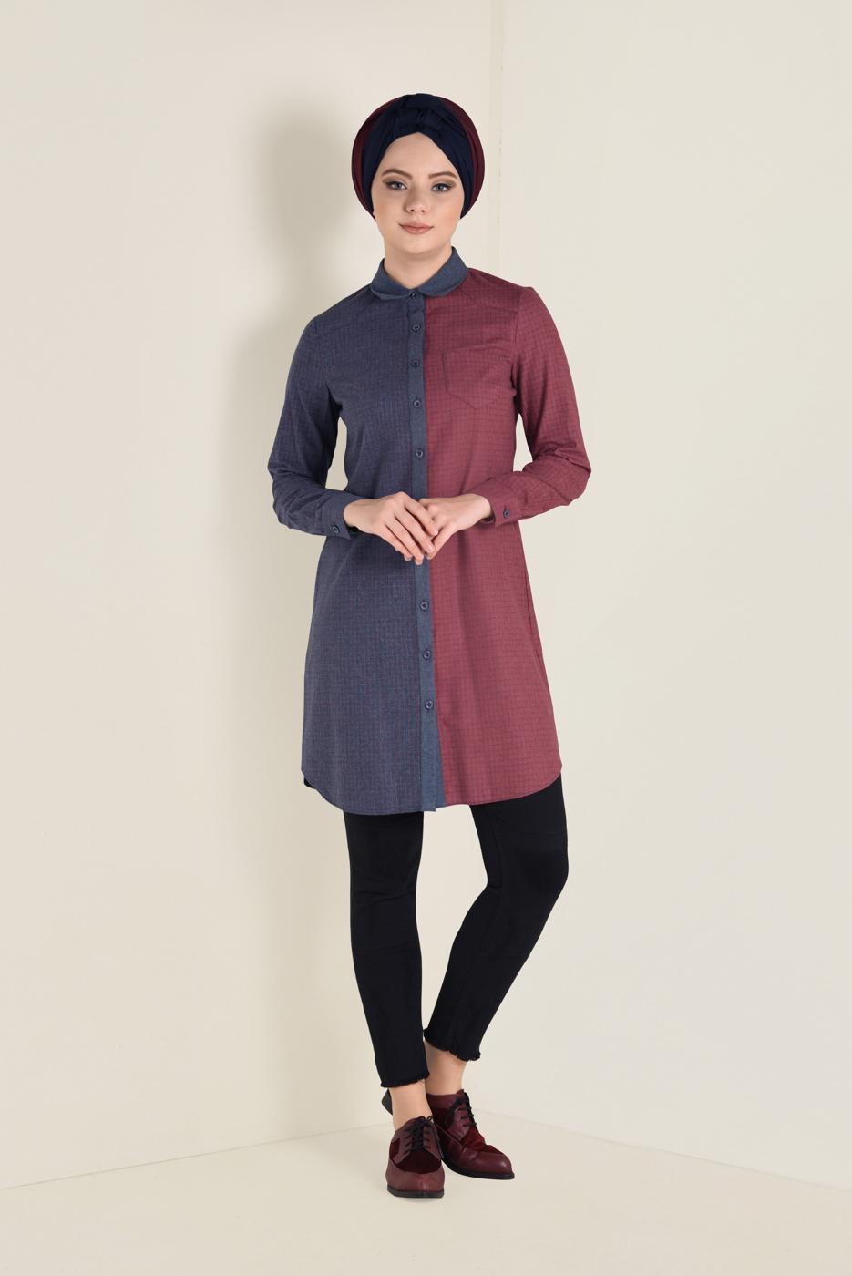 Tesettür giyim LACİVERT DÜĞMELİ KARE DESEN DETAYLI TUNİK 4623