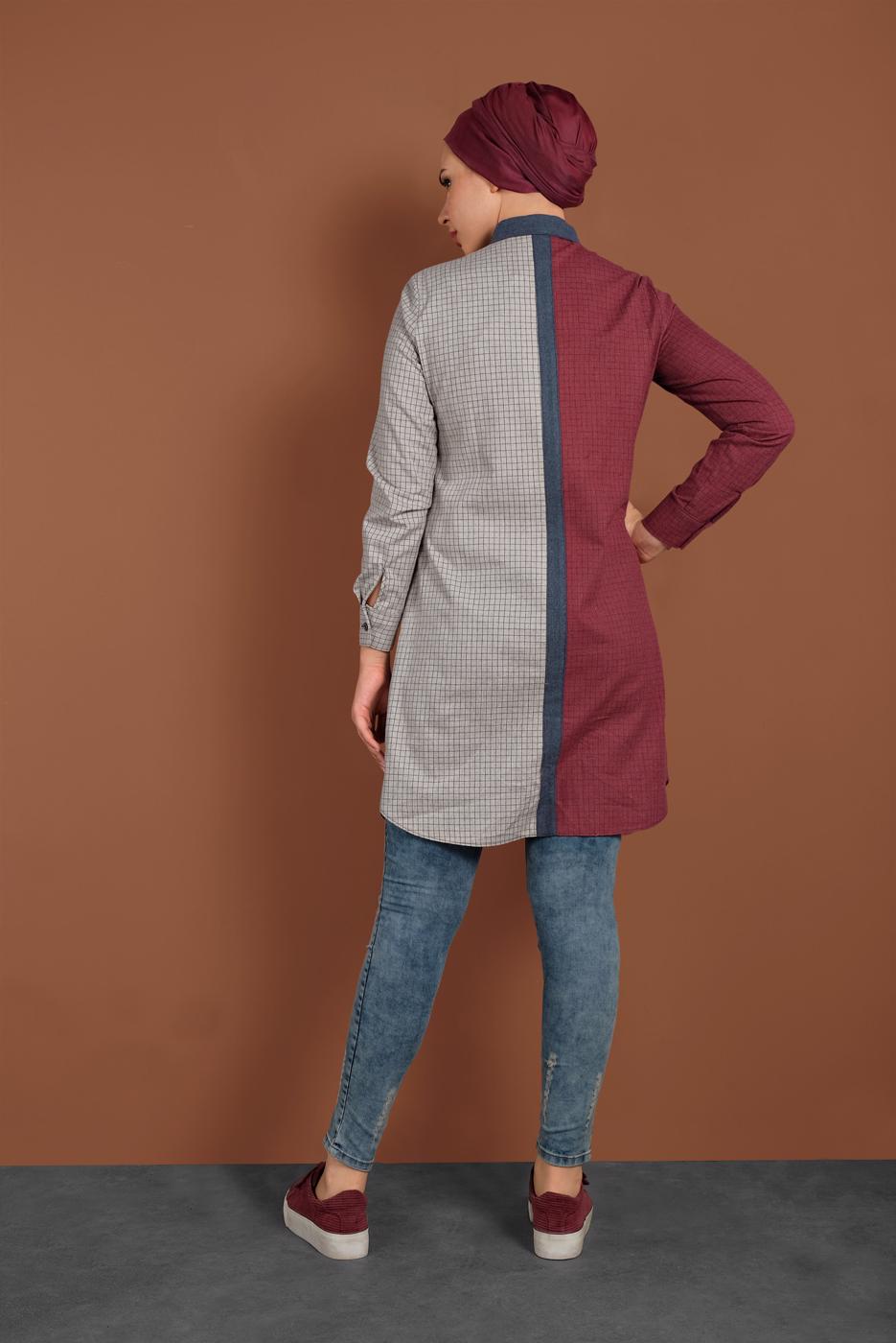 Hijab clothing RED BUTTONED CHECKED TUNIC 4623 