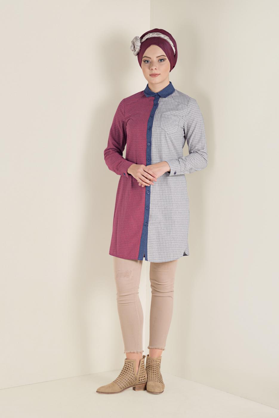 Tesettür giyim KIRMIZI DÜĞMELİ KARE DESEN DETAYLI TUNİK 4623