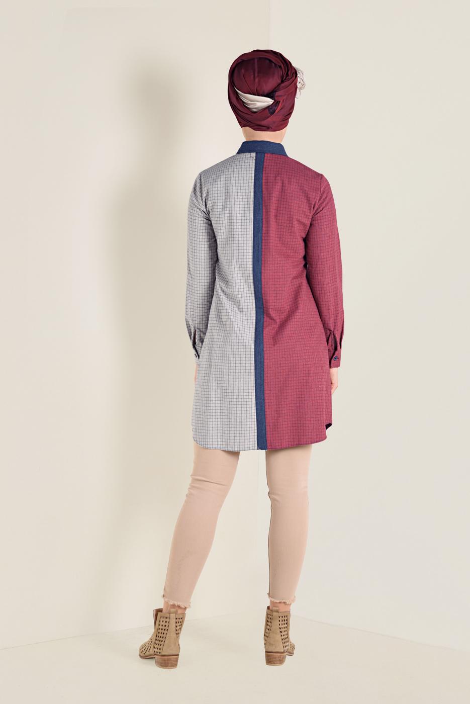 Tesettür giyim KIRMIZI DÜĞMELİ KARE DESEN DETAYLI TUNİK 4623