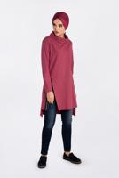 Tesettür giyim KIRMIZI ALVİNA YANI YIRTMAÇLI DÖKÜMLÜ YAKA TUNİK 4624 