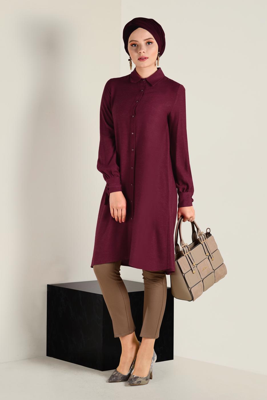 Tesettür giyim KIRMIZI MANŞETLERİ BAĞCIK DETAYLI DÜĞMELİ TUNİK 4629