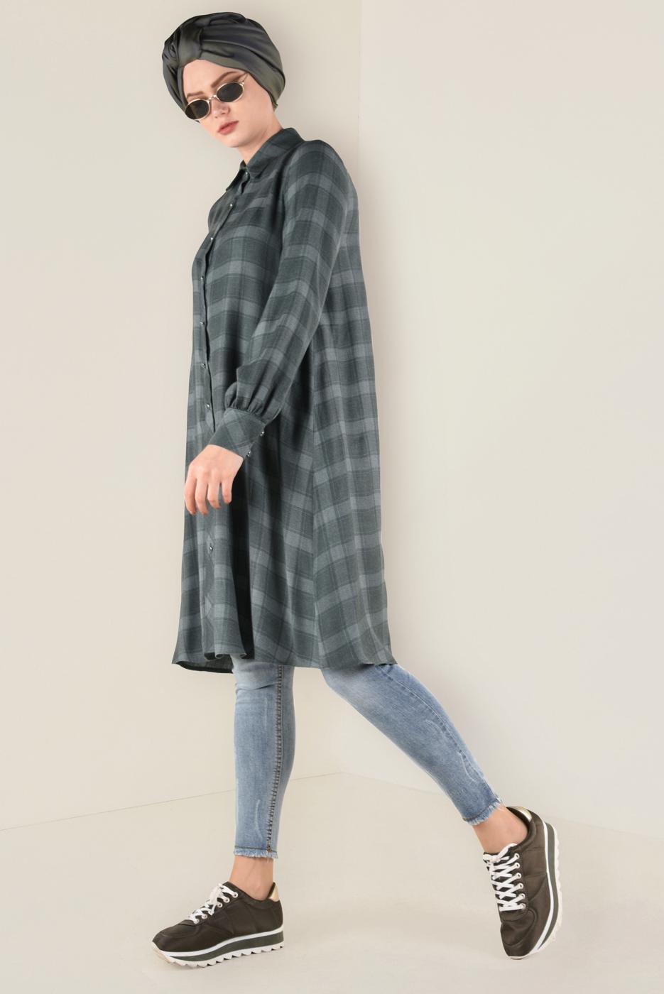 Tesettür giyim YEŞİL DÜĞME DETAYLI EKOSE DESENLİ TUNİK 4630 