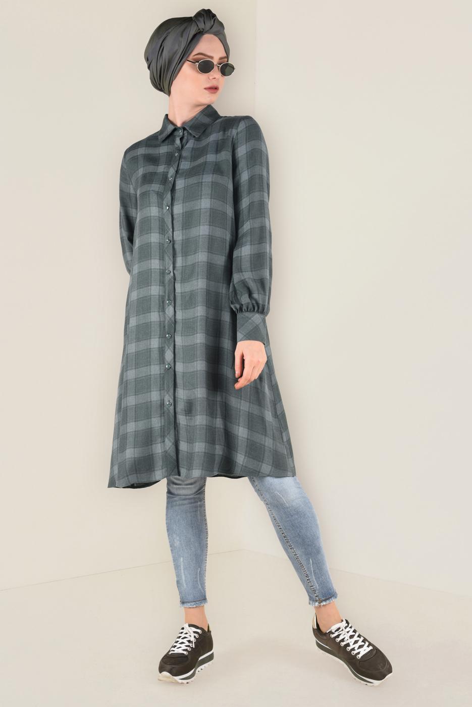 Tesettür giyim YEŞİL DÜĞME DETAYLI EKOSE DESENLİ TUNİK 4630 