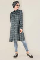 Tesettür giyim YEŞİL DÜĞME DETAYLI EKOSE DESENLİ TUNİK 4630 