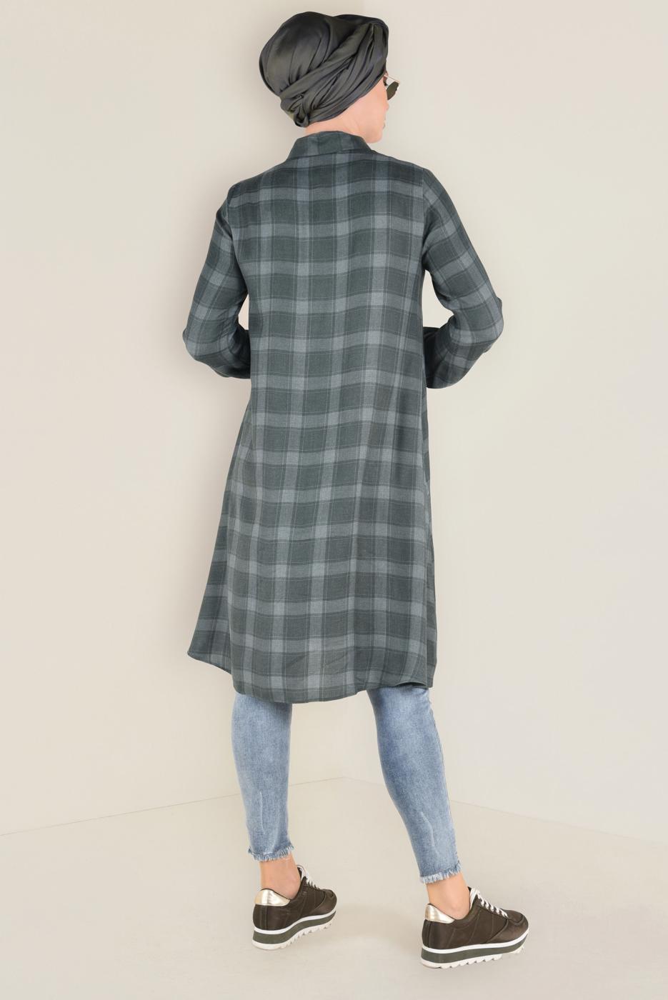 Tesettür giyim YEŞİL DÜĞME DETAYLI EKOSE DESENLİ TUNİK 4630 