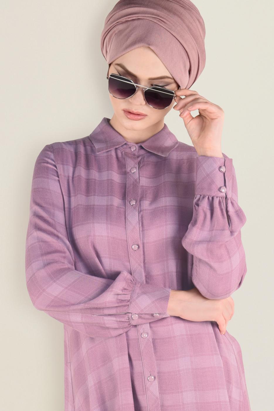 Tesettür giyim PUDRA DÜĞME DETAYLI EKOSE DESENLİ TUNİK 4630 