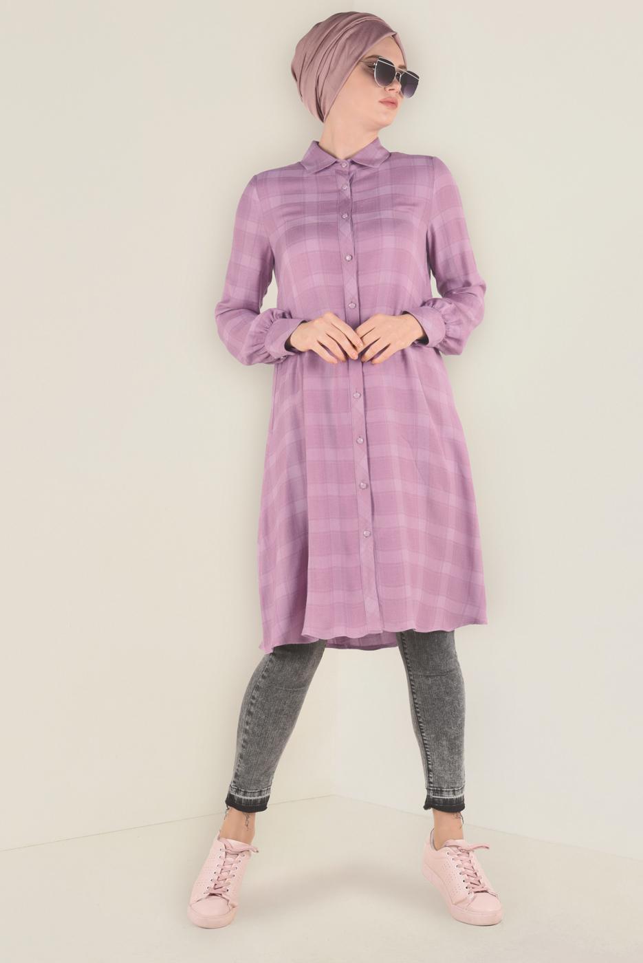 Tesettür giyim PUDRA DÜĞME DETAYLI EKOSE DESENLİ TUNİK 4630 