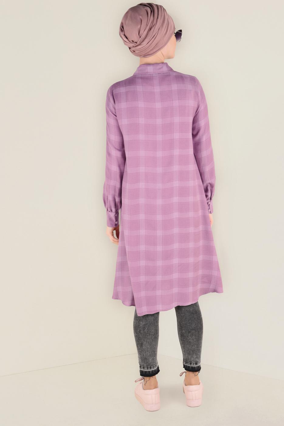 Tesettür giyim PUDRA DÜĞME DETAYLI EKOSE DESENLİ TUNİK 4630 