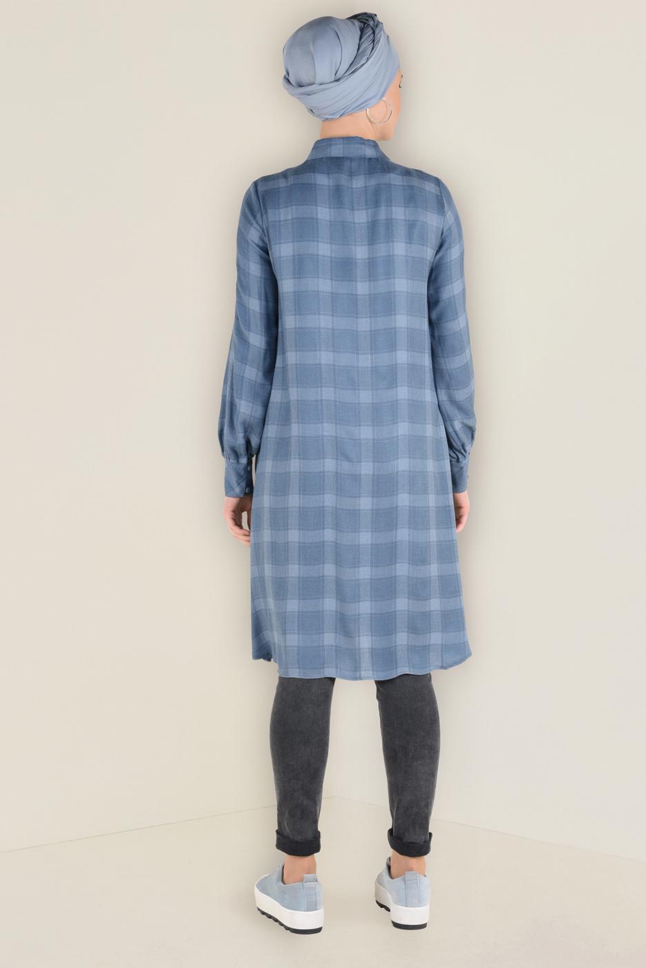 Tesettür giyim LACİVERT DÜĞME DETAYLI EKOSE DESENLİ TUNİK 4630 