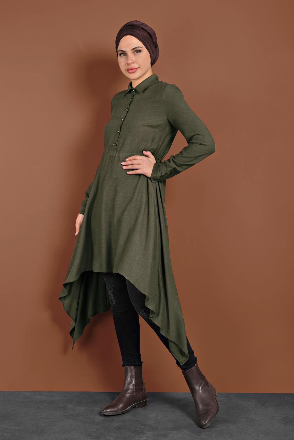 Tesettür giyim HAKİ ASİMETRİK KESİM BELDEN BÜZGÜLÜ TUNİK 4631