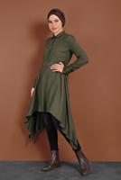 Tesettür giyim HAKİ ASİMETRİK KESİM BELDEN BÜZGÜLÜ TUNİK 4631