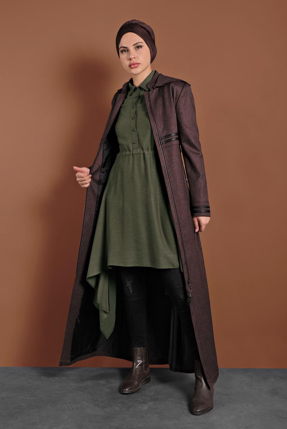 Tesettür giyim HAKİ ASİMETRİK KESİM BELDEN BÜZGÜLÜ TUNİK 4631