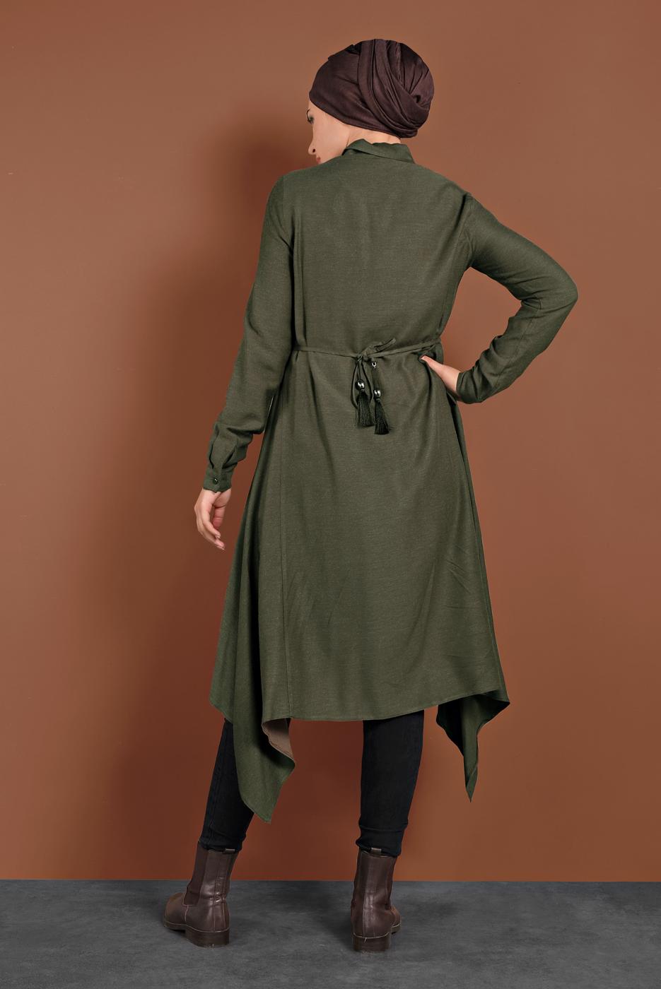 Tesettür giyim HAKİ ASİMETRİK KESİM BELDEN BÜZGÜLÜ TUNİK 4631