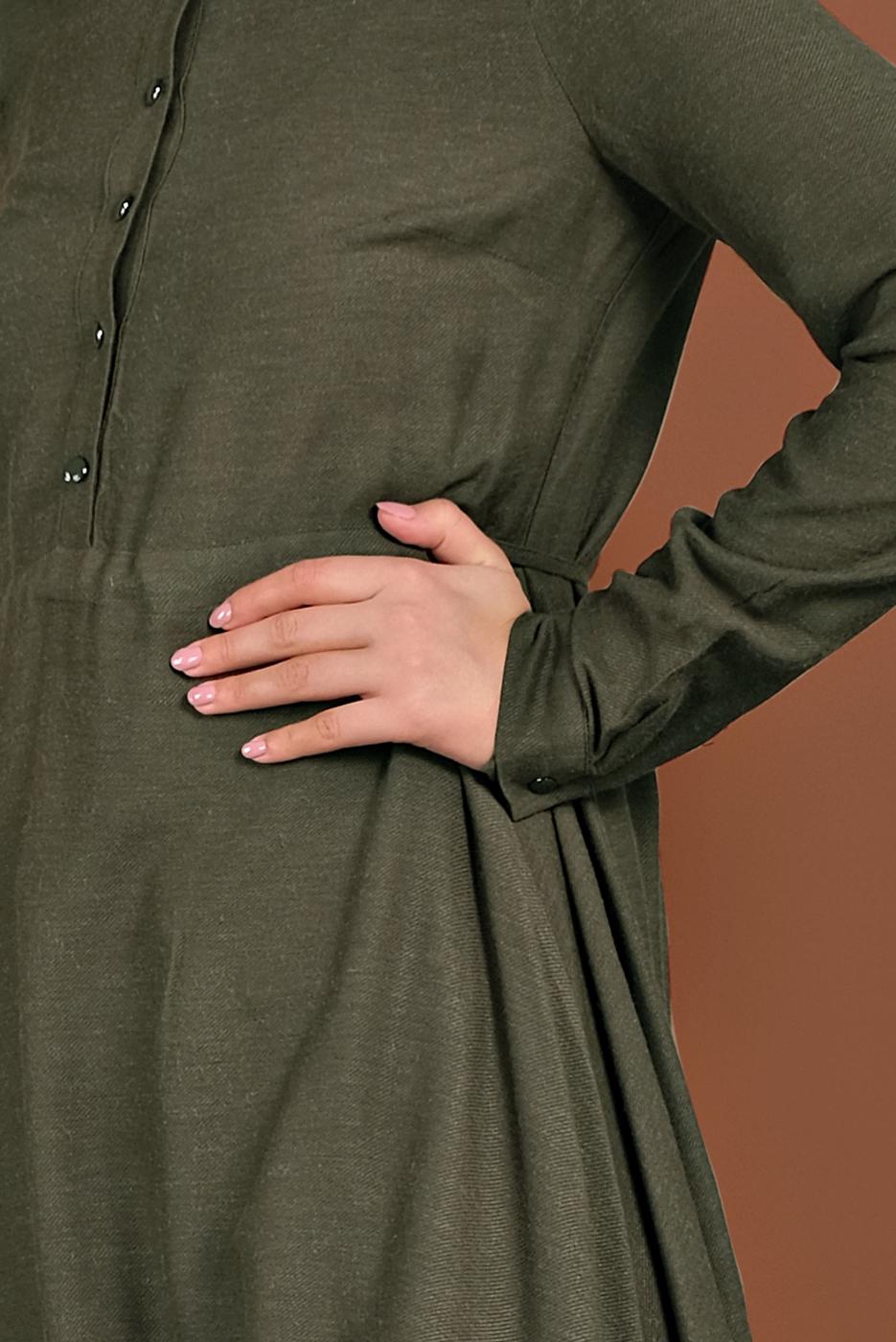 Tesettür giyim HAKİ ASİMETRİK KESİM BELDEN BÜZGÜLÜ TUNİK 4631