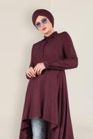 Tesettür giyim BORDO ASİMETRİK KESİM BELDEN BÜZGÜLÜ TUNİK 4631