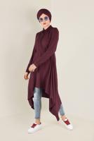 Tesettür giyim BORDO ASİMETRİK KESİM BELDEN BÜZGÜLÜ TUNİK 4631