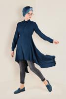 Tesettür giyim MAVİ ASİMETRİK KESİM BELDEN BÜZGÜLÜ TUNİK 4631