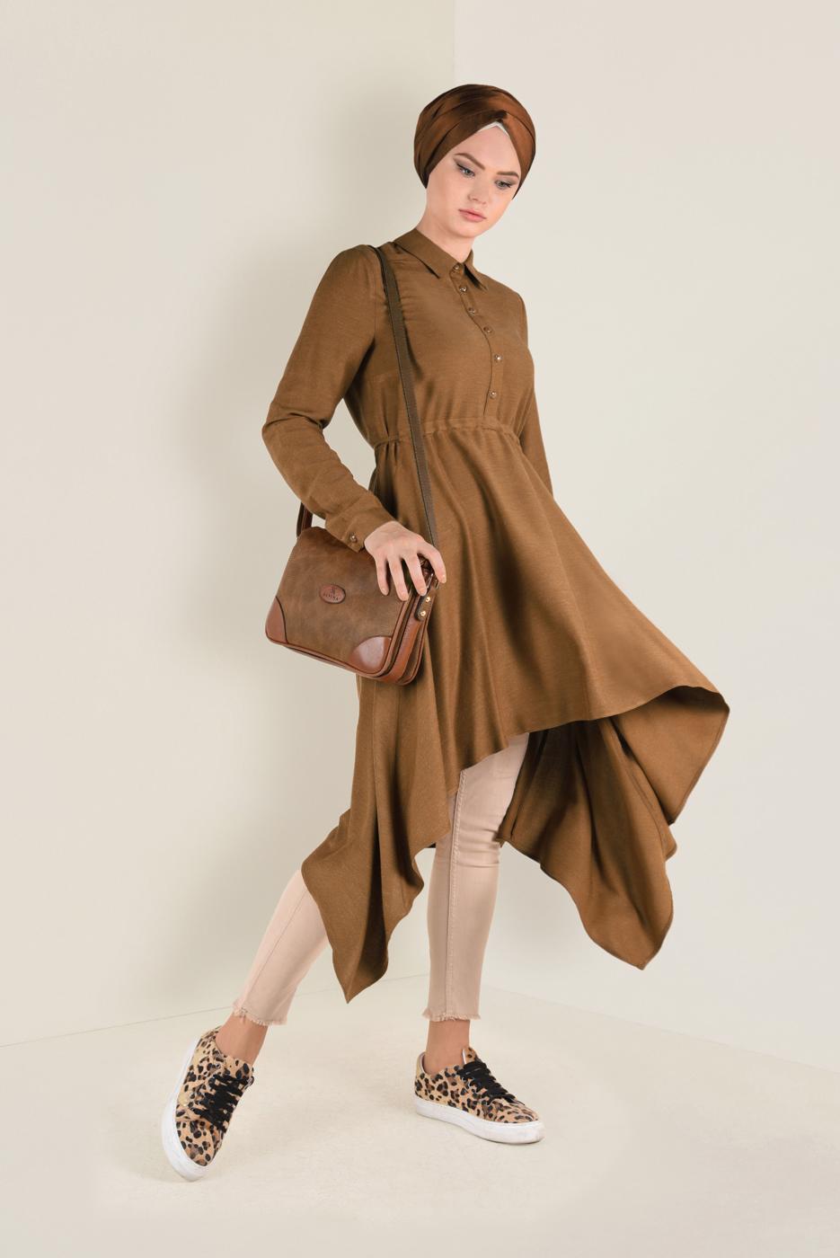 Tesettür giyim TABA ASİMETRİK KESİM BELDEN BÜZGÜLÜ TUNİK 4631