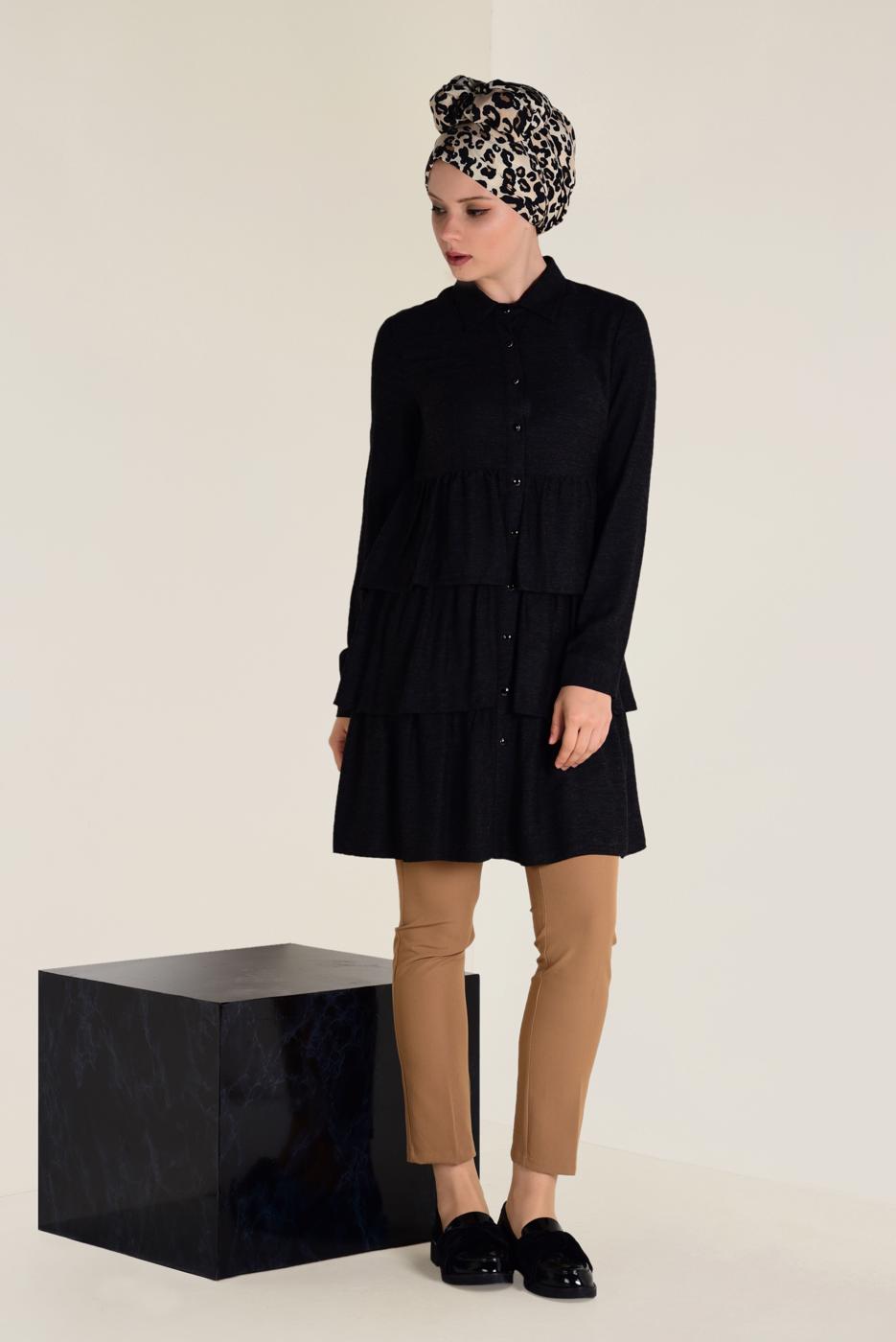 Tesettür giyim SİYAH VOLANLI KAT KAT TUNİK 4632 