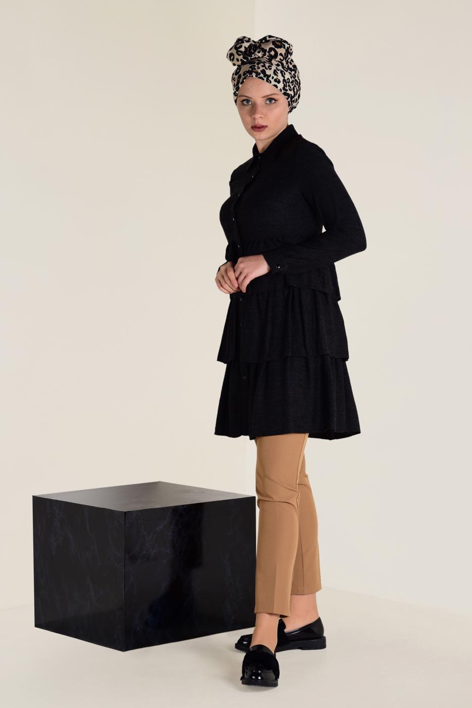 Tesettür giyim SİYAH VOLANLI KAT KAT TUNİK 4632 