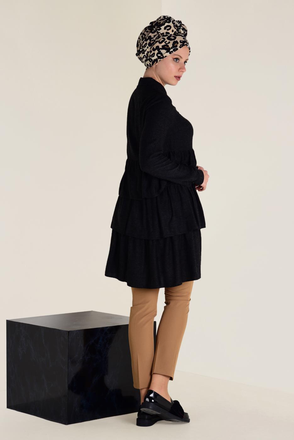 Tesettür giyim SİYAH VOLANLI KAT KAT TUNİK 4632 