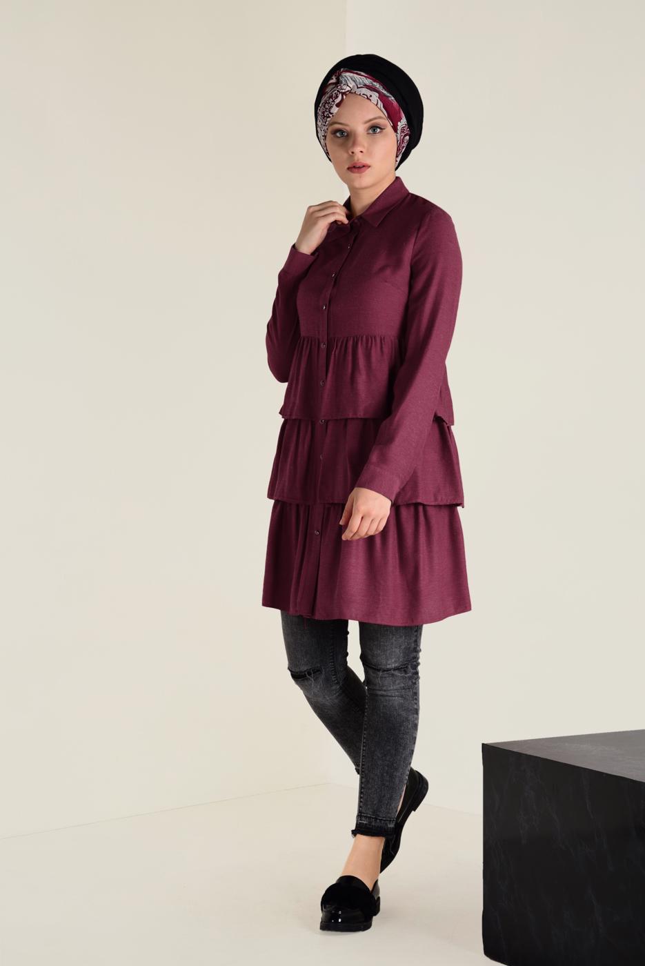 Tesettür giyim KIRMIZI VOLANLI KAT KAT TUNİK 4632 