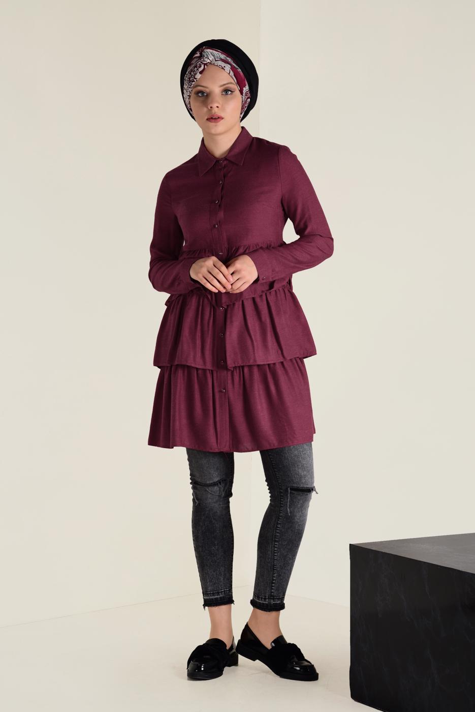 Tesettür giyim KIRMIZI VOLANLI KAT KAT TUNİK 4632 