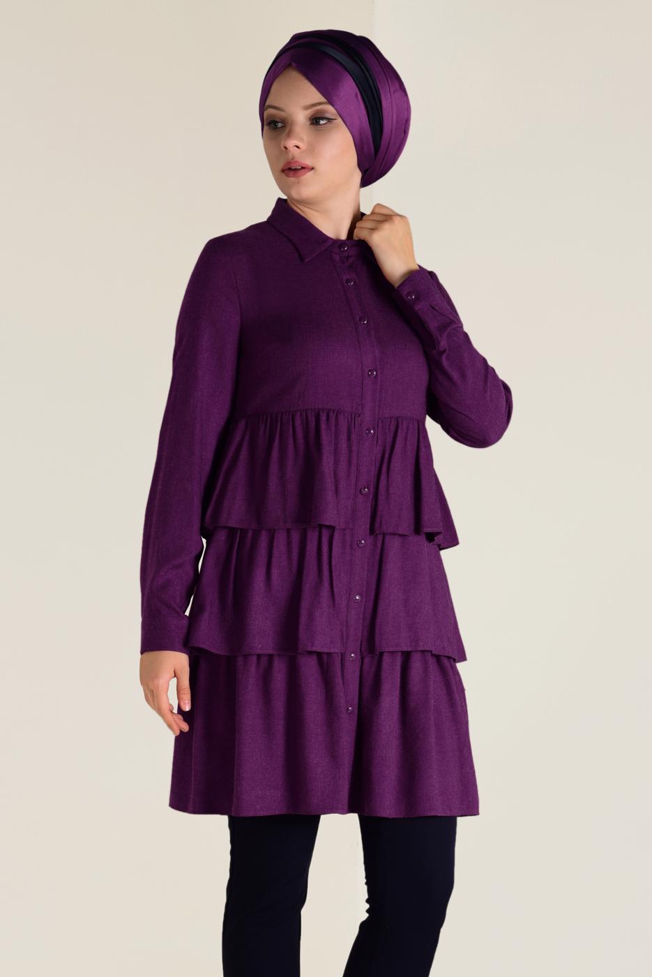 Tesettür giyim MOR VOLANLI KAT KAT TUNİK 4632 