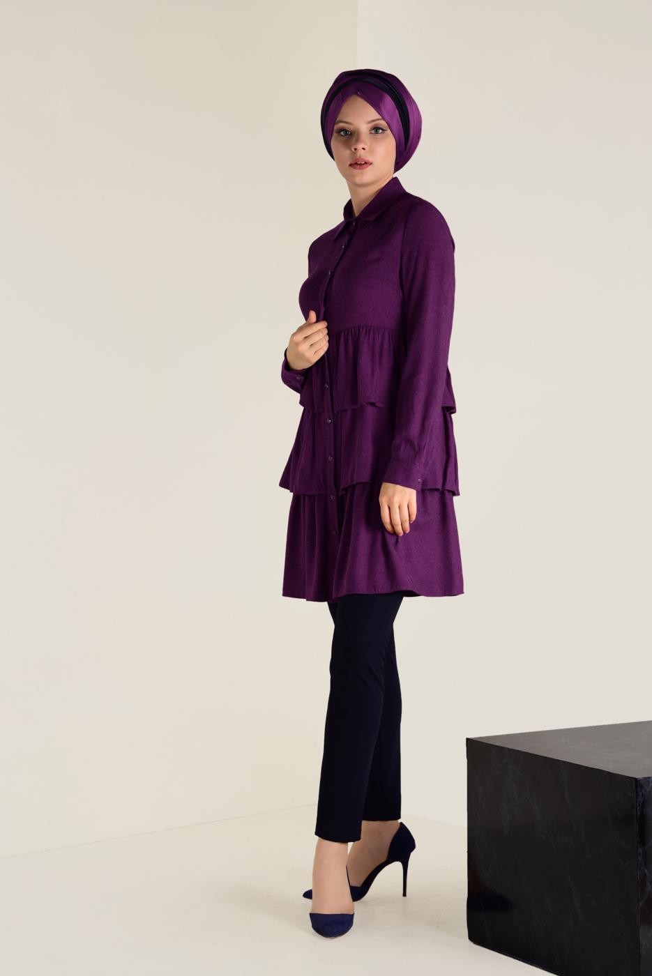 Tesettür giyim MOR VOLANLI KAT KAT TUNİK 4632 