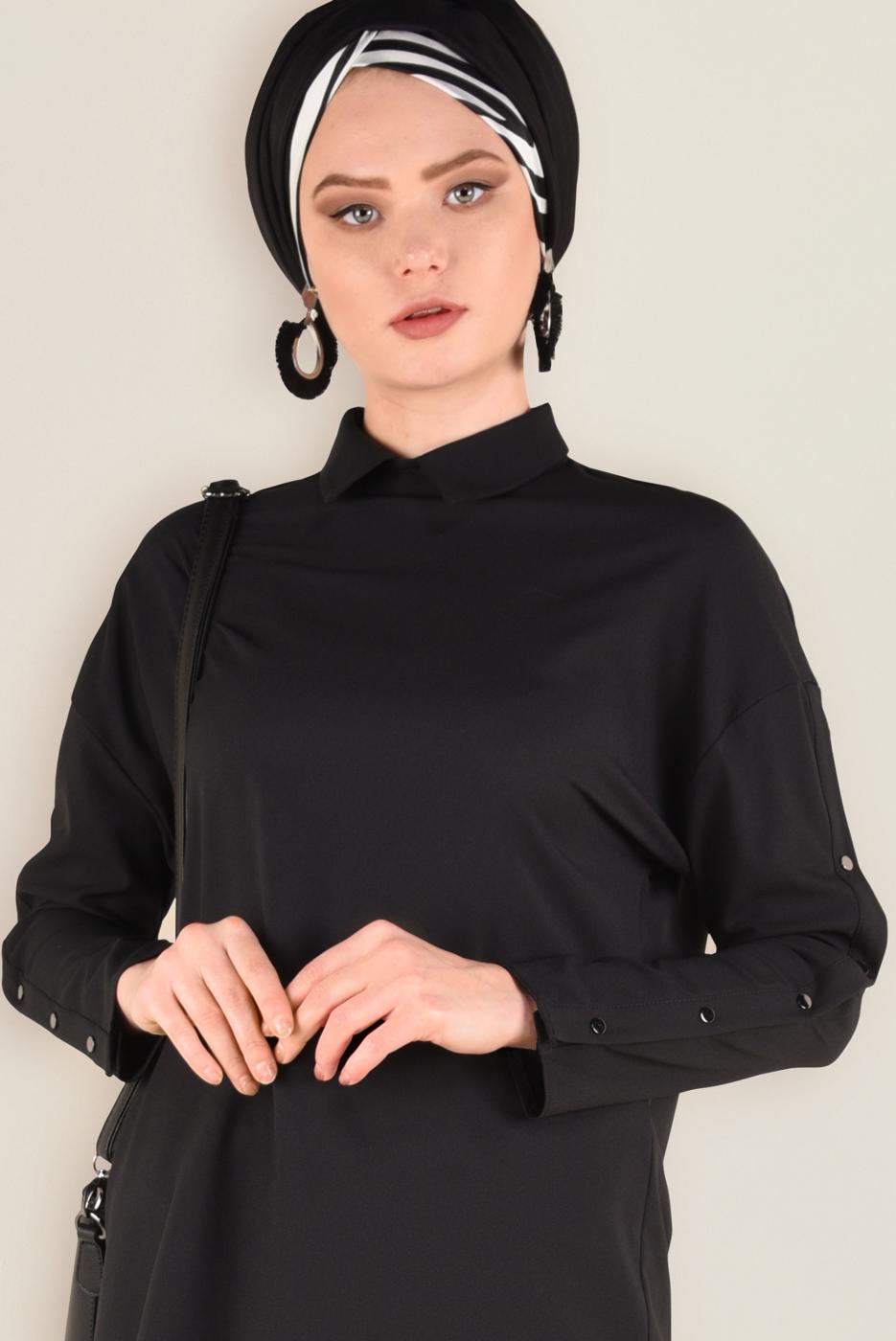 Tesettür giyim SİYAH KOLLARI ÇITÇITLI TUNİK 4661