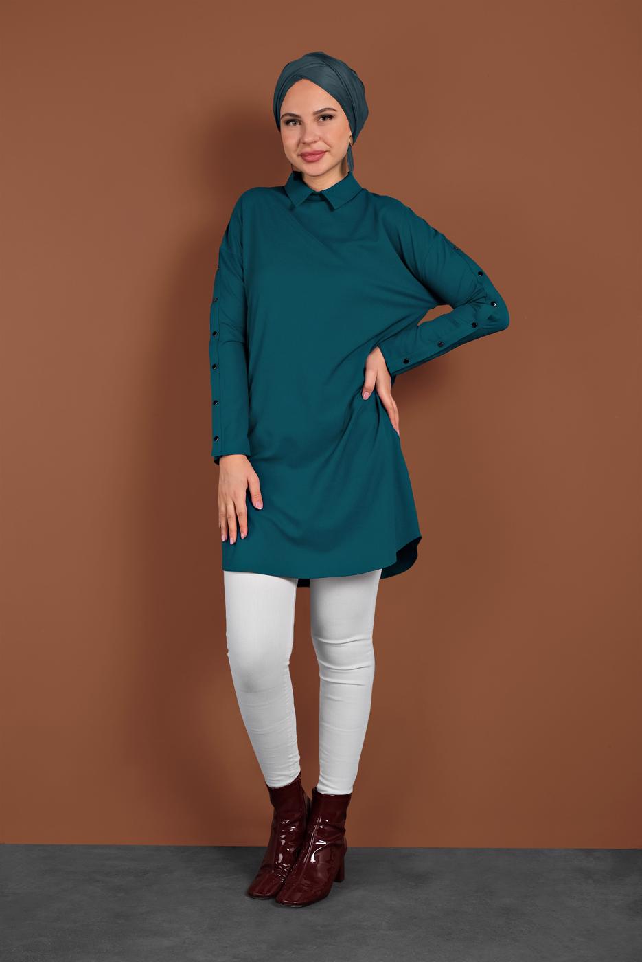 Tesettür giyim YEŞİL KOLLARI ÇITÇITLI TUNİK 4661