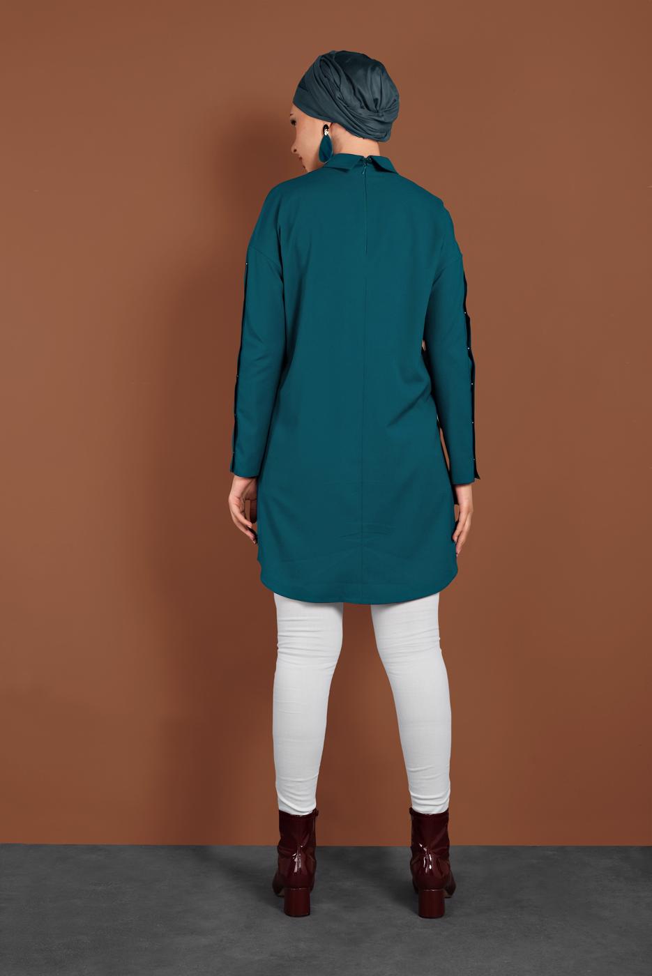 Tesettür giyim YEŞİL KOLLARI ÇITÇITLI TUNİK 4661