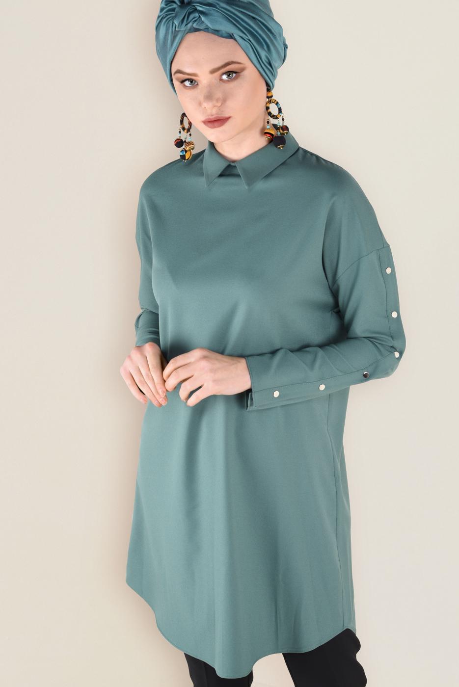 Tesettür giyim YEŞİL KOLLARI ÇITÇITLI TUNİK 4661
