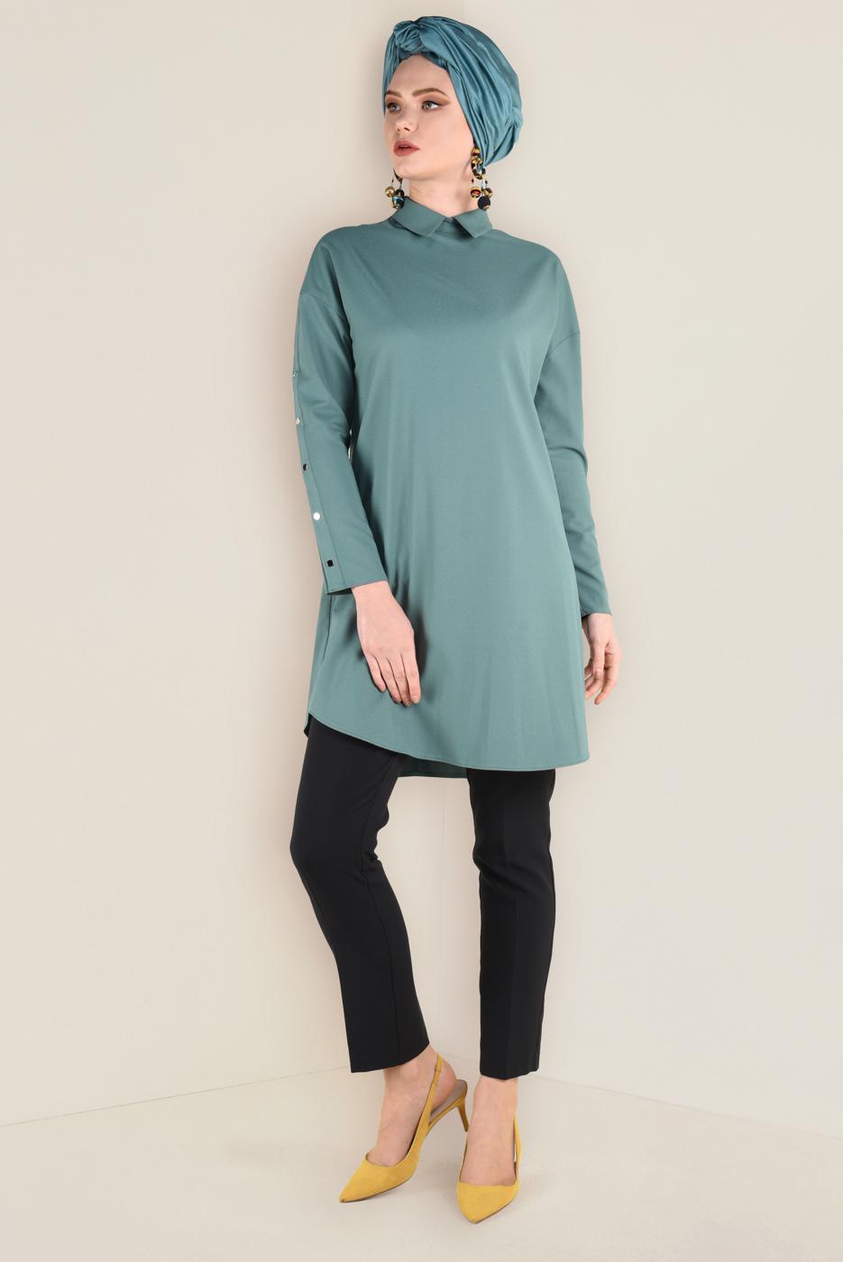 Tesettür giyim YEŞİL KOLLARI ÇITÇITLI TUNİK 4661