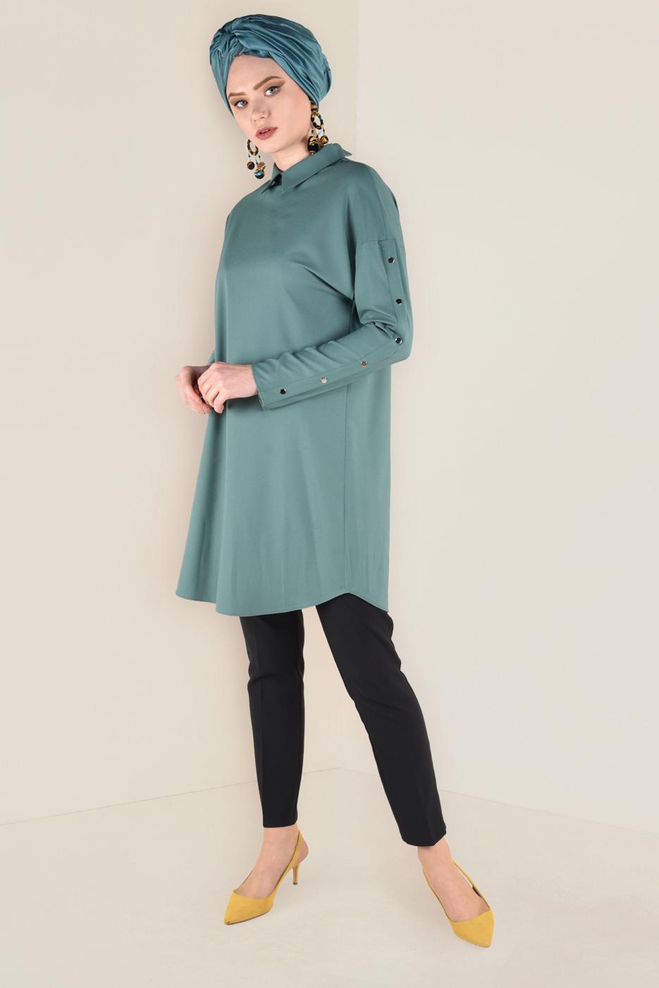 Tesettür giyim YEŞİL KOLLARI ÇITÇITLI TUNİK 4661