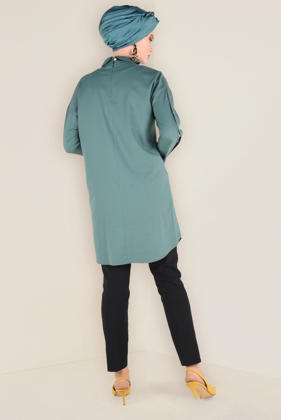 Tesettür giyim YEŞİL KOLLARI ÇITÇITLI TUNİK 4661