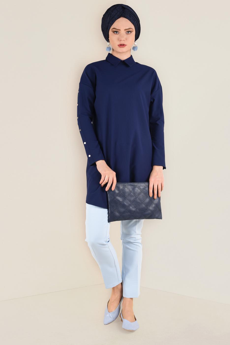 Tesettür giyim LACİVERT KOLLARI ÇITÇITLI TUNİK 4661