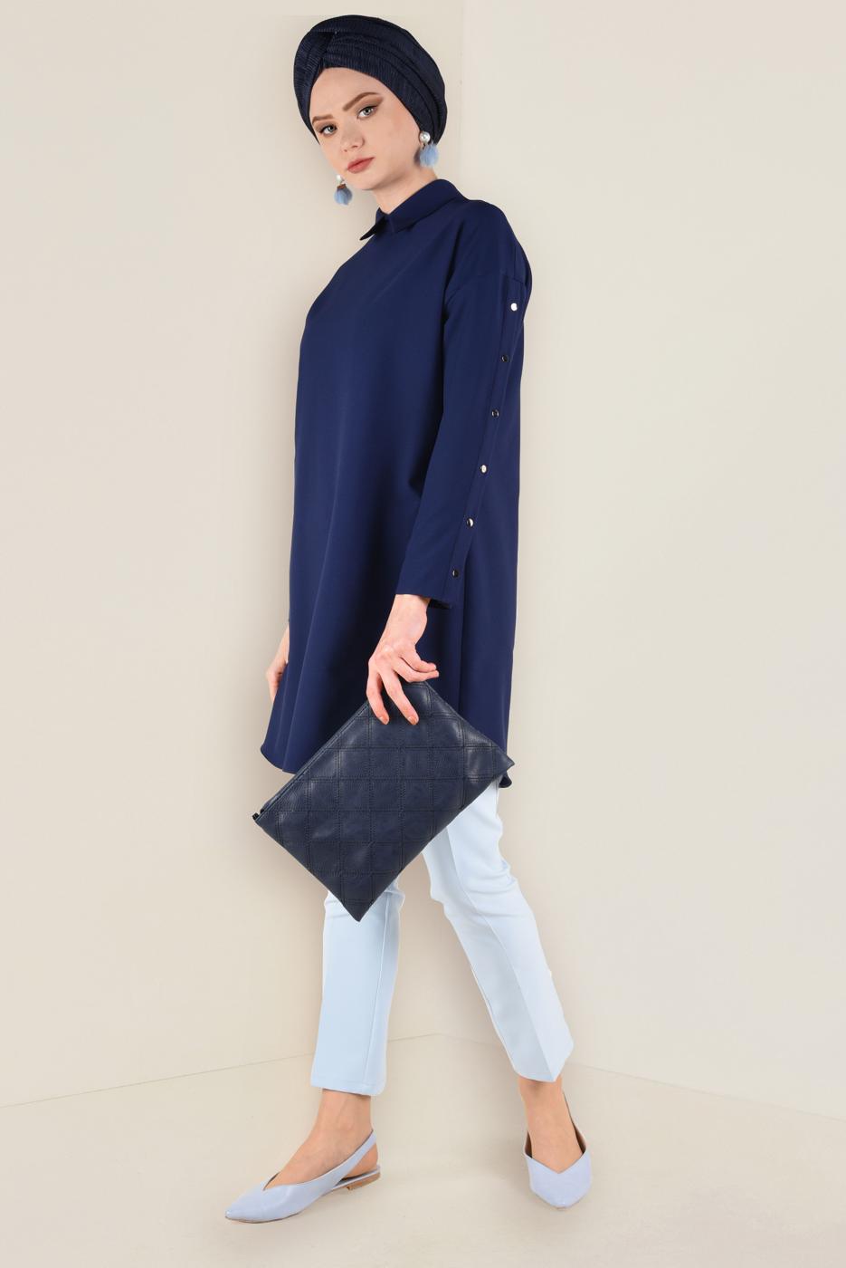 Tesettür giyim LACİVERT KOLLARI ÇITÇITLI TUNİK 4661