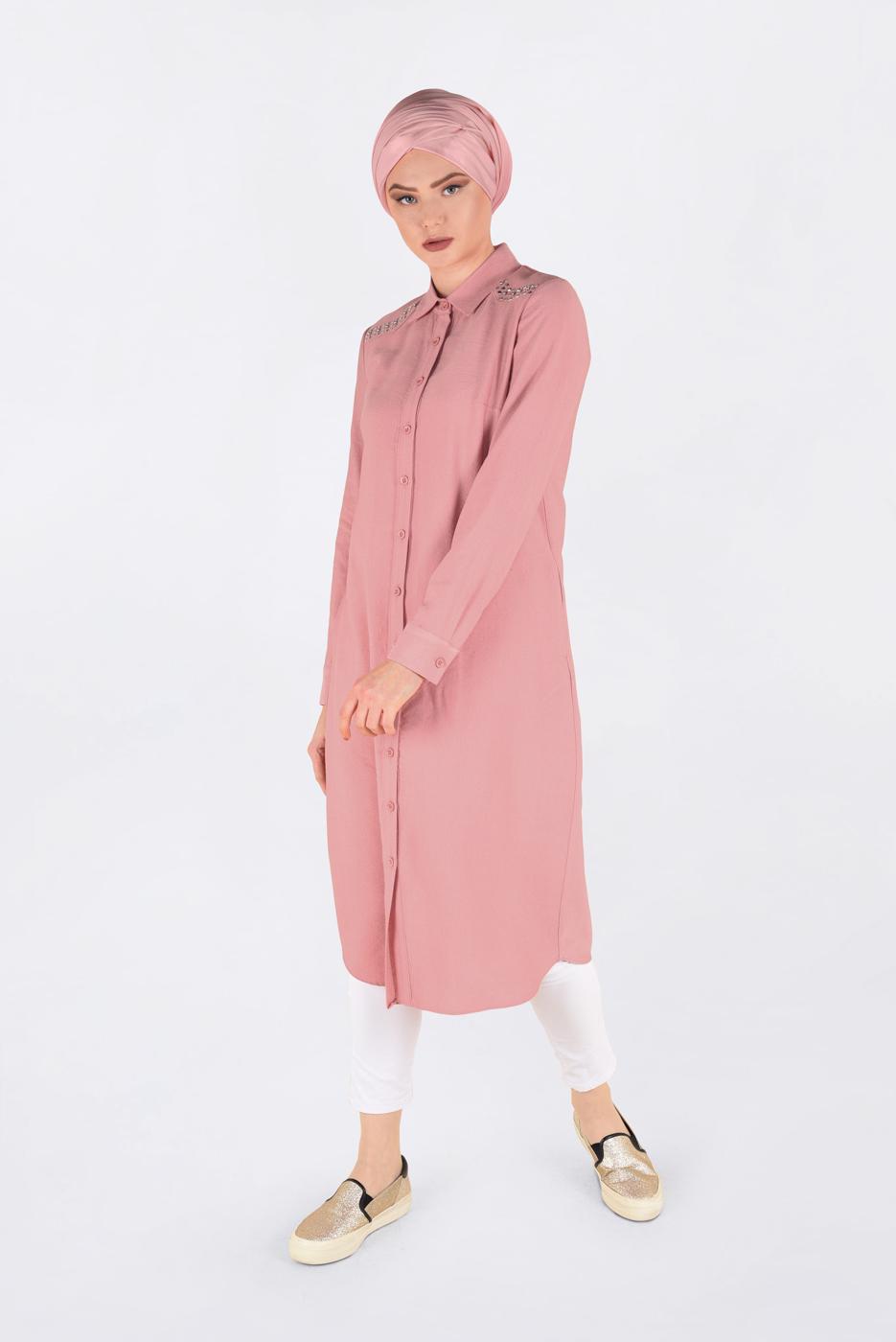 Tesettür giyim MERCAN OMUZLARI ZIMBALI UZUN TUNİK 4669