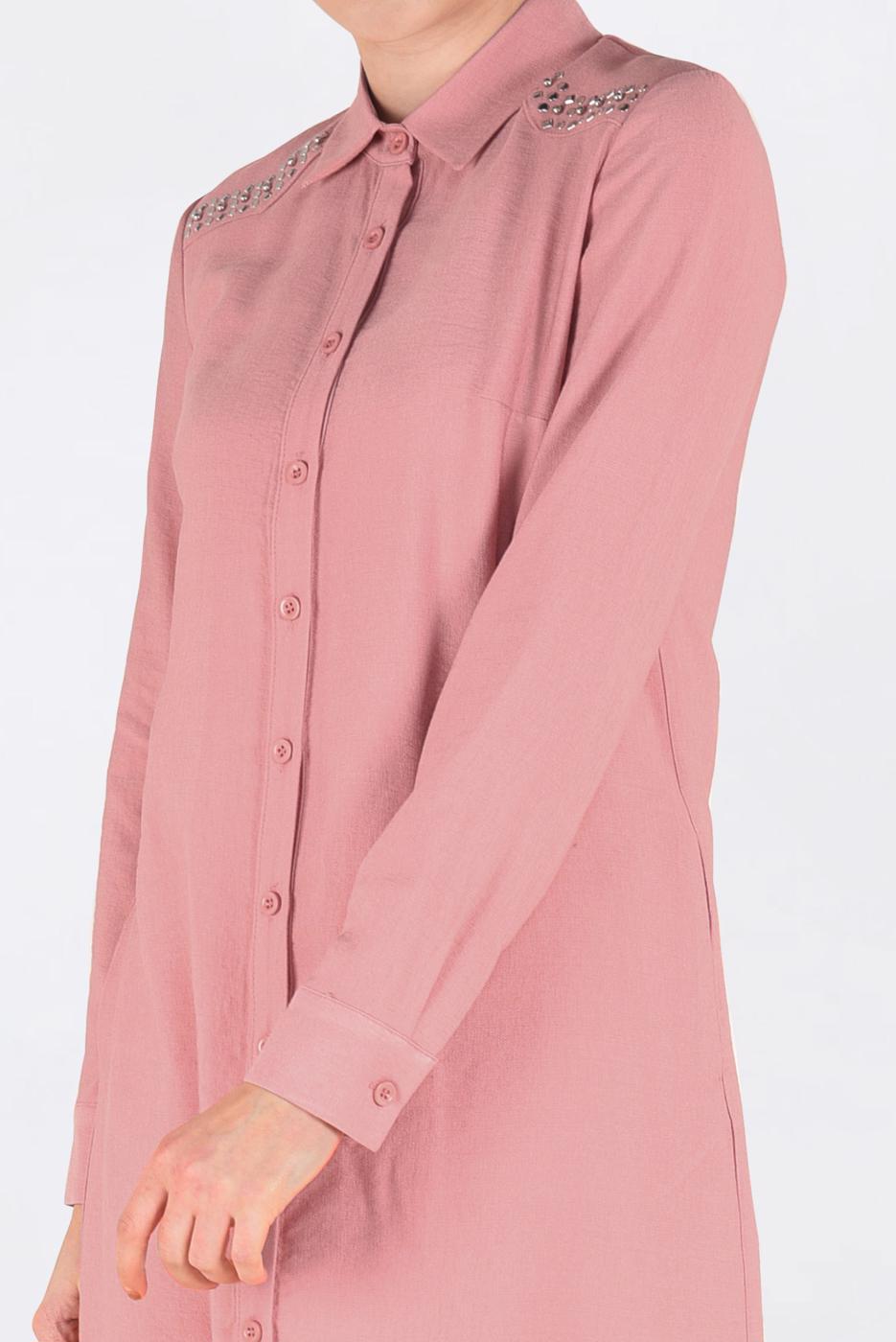 Tesettür giyim MERCAN OMUZLARI ZIMBALI UZUN TUNİK 4669