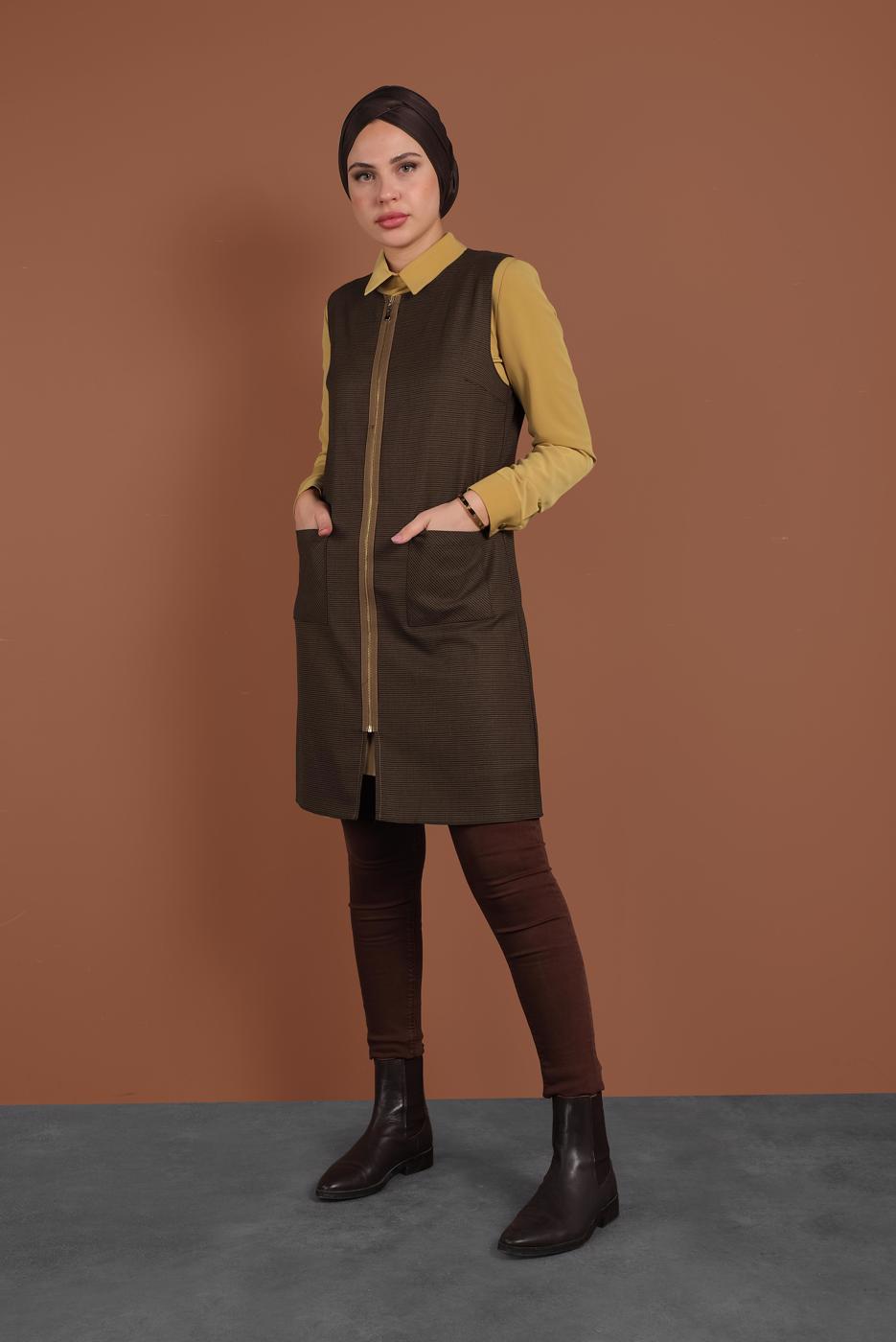 Tesettür giyim KAHVE FERMUARLI ERKEK YAKA İKİLİ TUNİK 4687