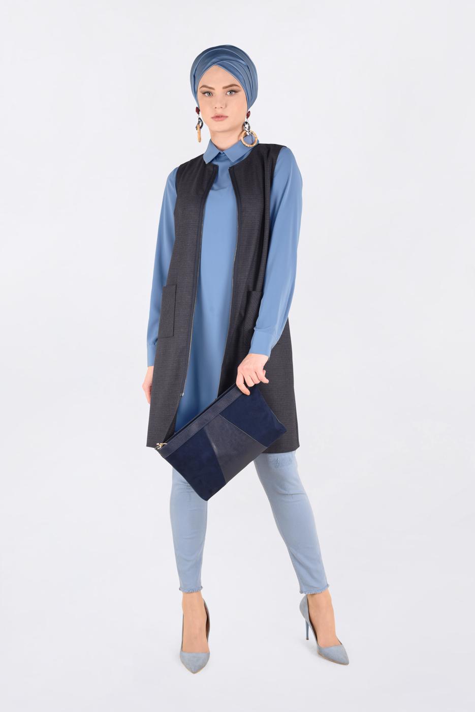 Tesettür giyim MAVİ FERMUARLI ERKEK YAKA İKİLİ TUNİK 4687