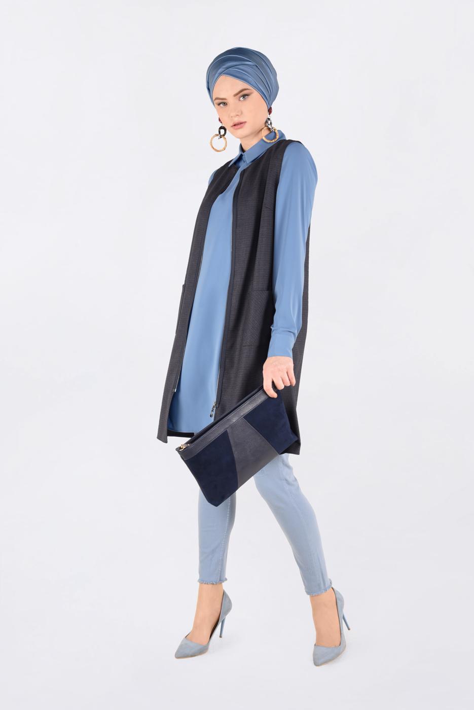 Tesettür giyim MAVİ FERMUARLI ERKEK YAKA İKİLİ TUNİK 4687