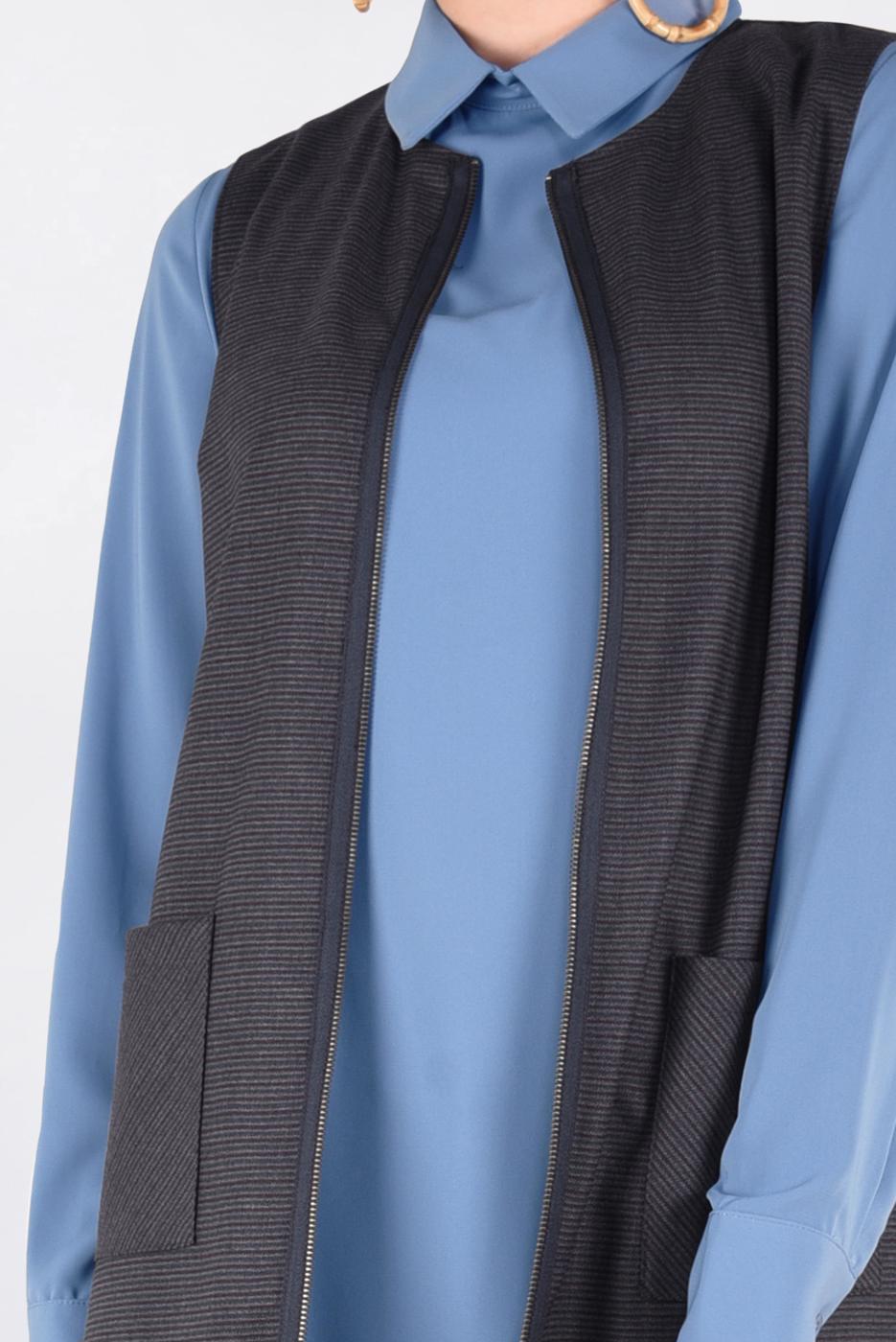 Tesettür giyim MAVİ FERMUARLI ERKEK YAKA İKİLİ TUNİK 4687